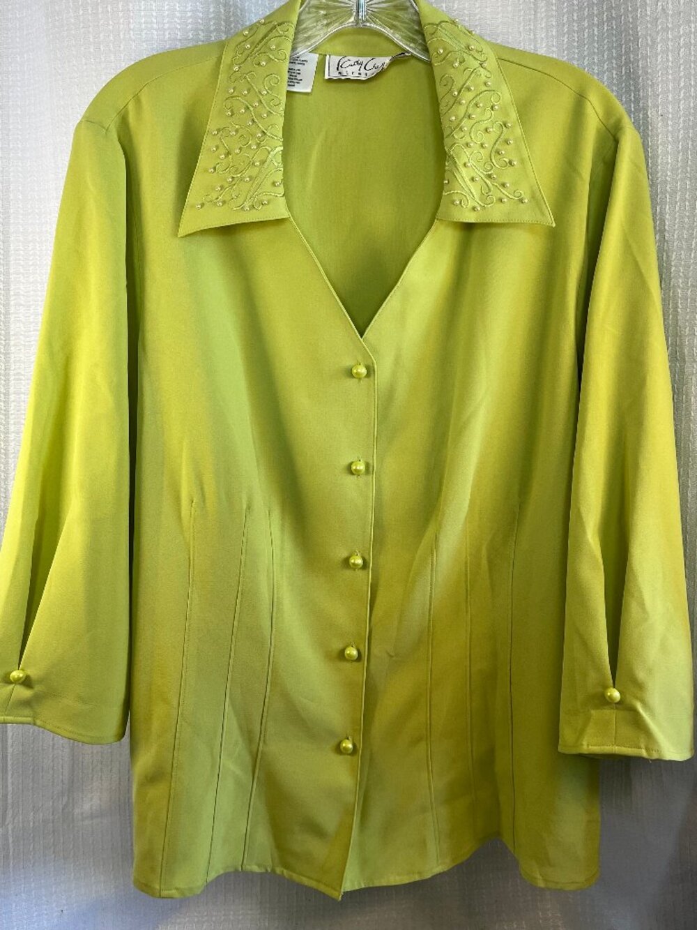 Vintage Kathy Che Stretch Button Up Blouse Lime Green size 16